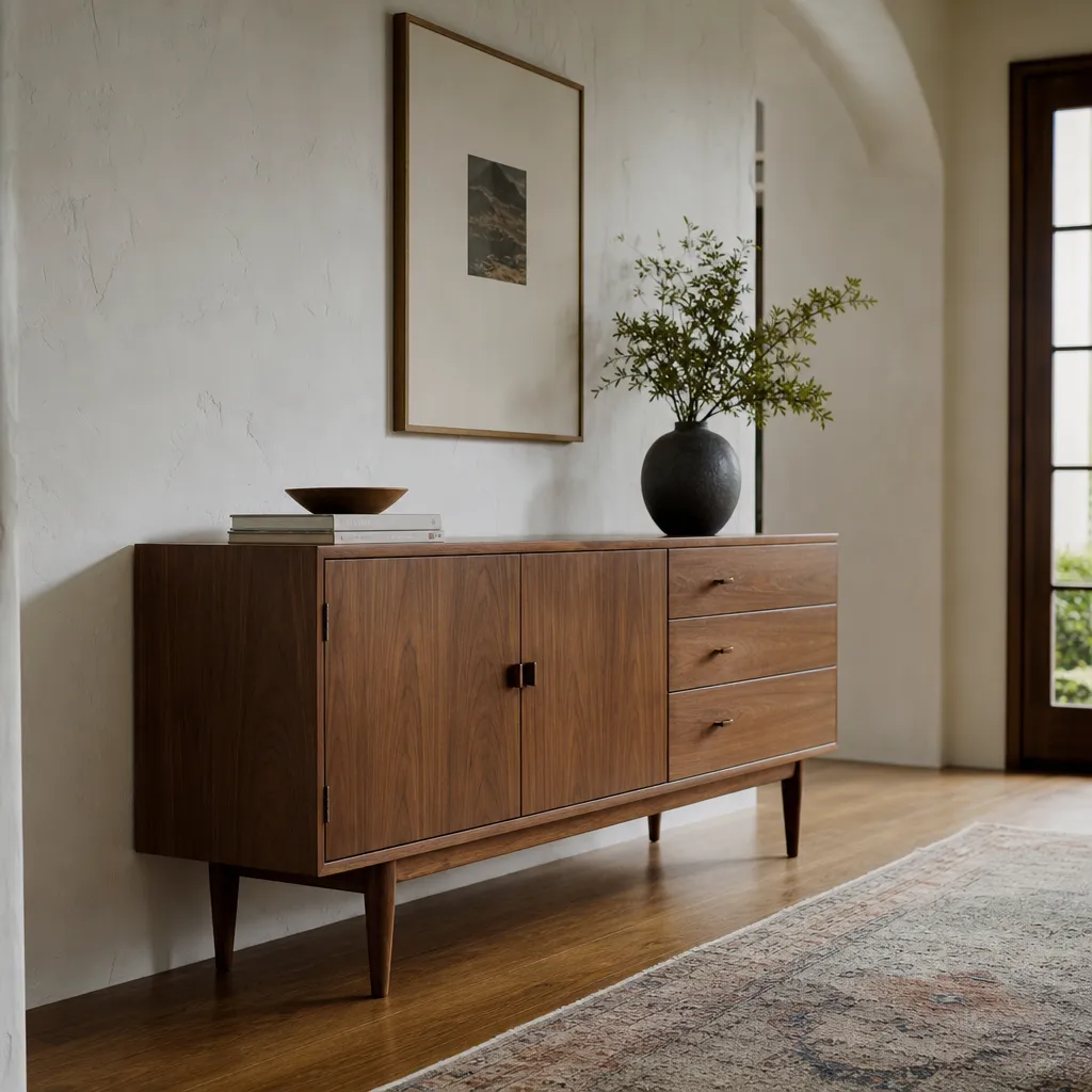 Walnut sideboard in a hallway